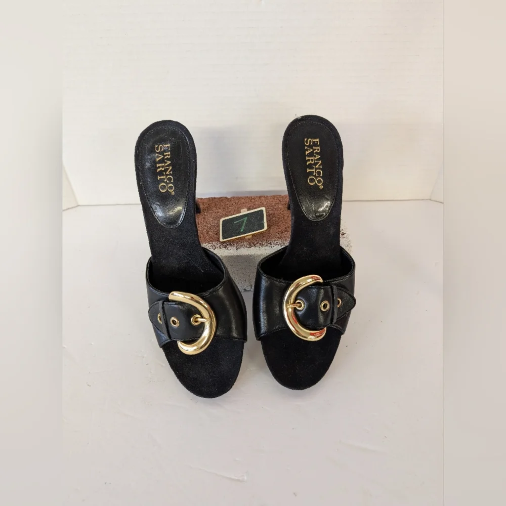 Franco Sarto Black Mule Slides with Gold Buckle